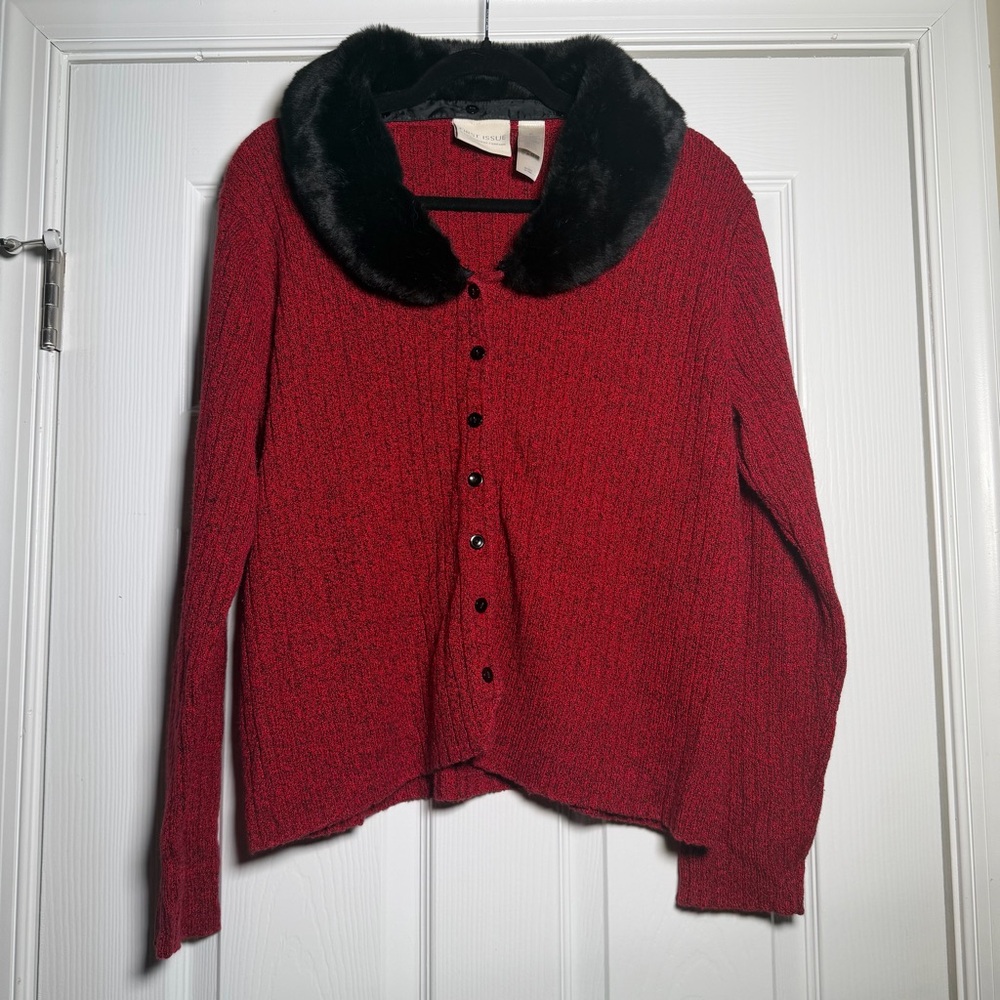 Vintage 90s Y2K Liz Claiborne Red Cardigan W/ Detachable Black Fur Collar